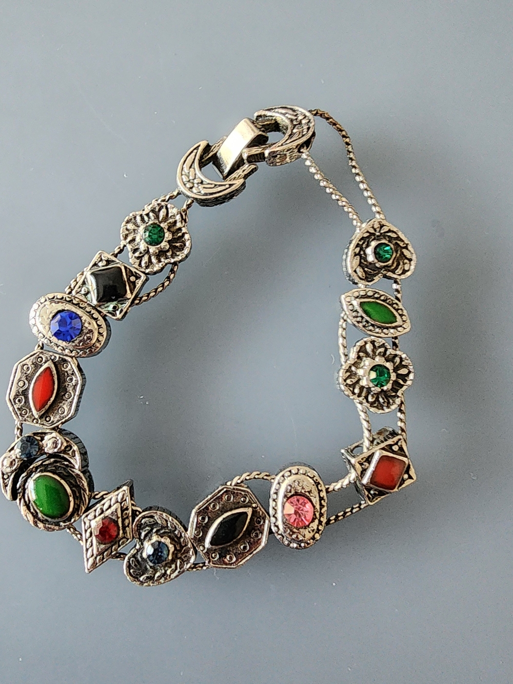 Multicolor Gemstone Silver-Tone Charm Bracelet